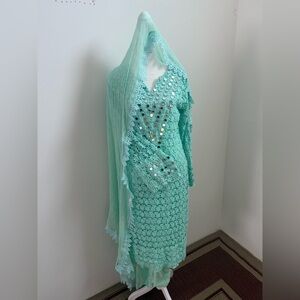 Pakistani 3 Piece Mint Green Mirror Work Salwar Kameez Suit with Dupatta-Eidwear